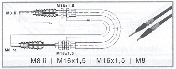 Bremsbowdenzug M8re-M8li / M16  -  800/10750mm für Peitz PAH Bremse